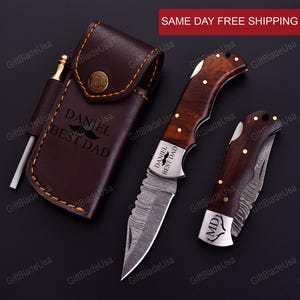 Handmade Damascus Pocket Knife Wood Handle Engraved Folding Knife Birthday Gift Groomsmen Gift Anniversary Wedding Gift Custom Gift for Him