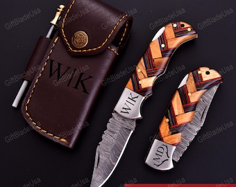 Handmade Damascus Folding Pocket Knife, Wood Handle, Leather Sheath