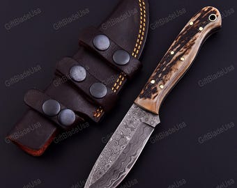 Handmade Damascus Steel Hunting Knife | Stag Antler With Premium Sheath