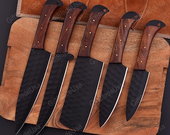 Hand Forged D2 Steel Chef Knife Set, Walnut Wood Handle With Leather Bag