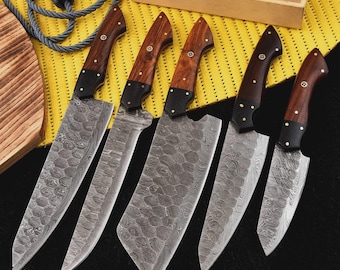 Hand Forged Damascus Chef Set, Handmade Kitchen Knife, Damascus Chef Knives, Cooking Knife, Kitchen Knives, Anniversary & Birthday Gift USA