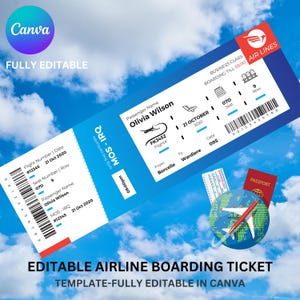 Editable Boarding Pass Template, Canva Boarding Pass, Printable Personalized Airline Ticket, Digital Download DIY Boarding Ticket