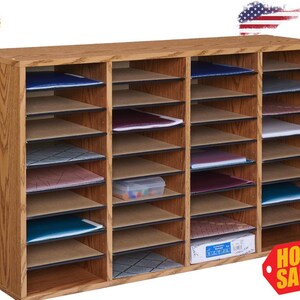 Organizzatore per documenti in legno a 36 scomparti, con ripiani regolabili, per ufficio, aula, archiviazione documenti, finitura rovere medio.
