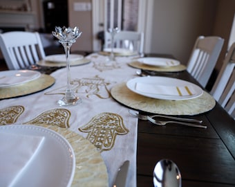 Embroidered Cotton Canvas Table Runner – Middle Eastern Gold Hamsa Design