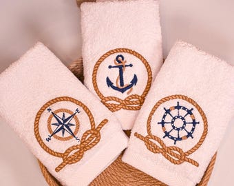 Set of 3 Embroidered Nautical Guest Towels – Premium Cotton Hand Towels – Coastal Bathroom Decor – White or Beige