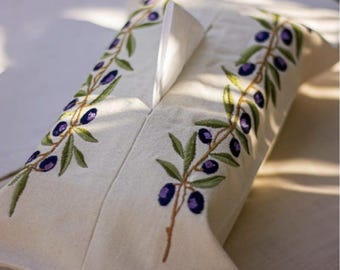 Embroidered Olive Branch Cotton Tissue Box Cover - Egyptian Handmade