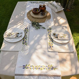 Elegant Olive Branch Embroidered Cotton Table Runner – Handmade Egyptian Decor, Matching Collection