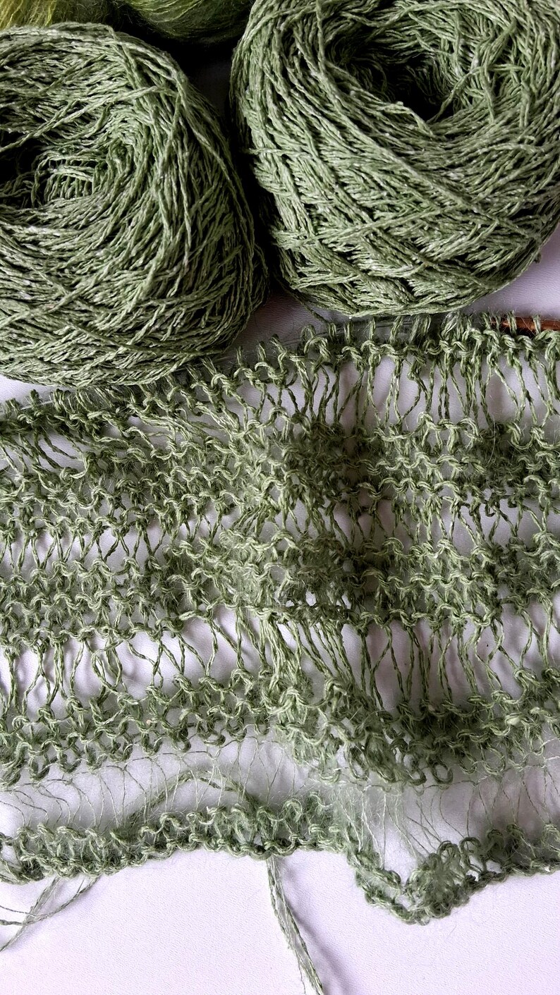 May include: Two balls of sage green yarn positioned above a piece of partially knitted fabric. The knitting features an open, airy, lace-like stitch pattern created with the same sage green yarn, showing visible loops and a delicate, sheer texture.