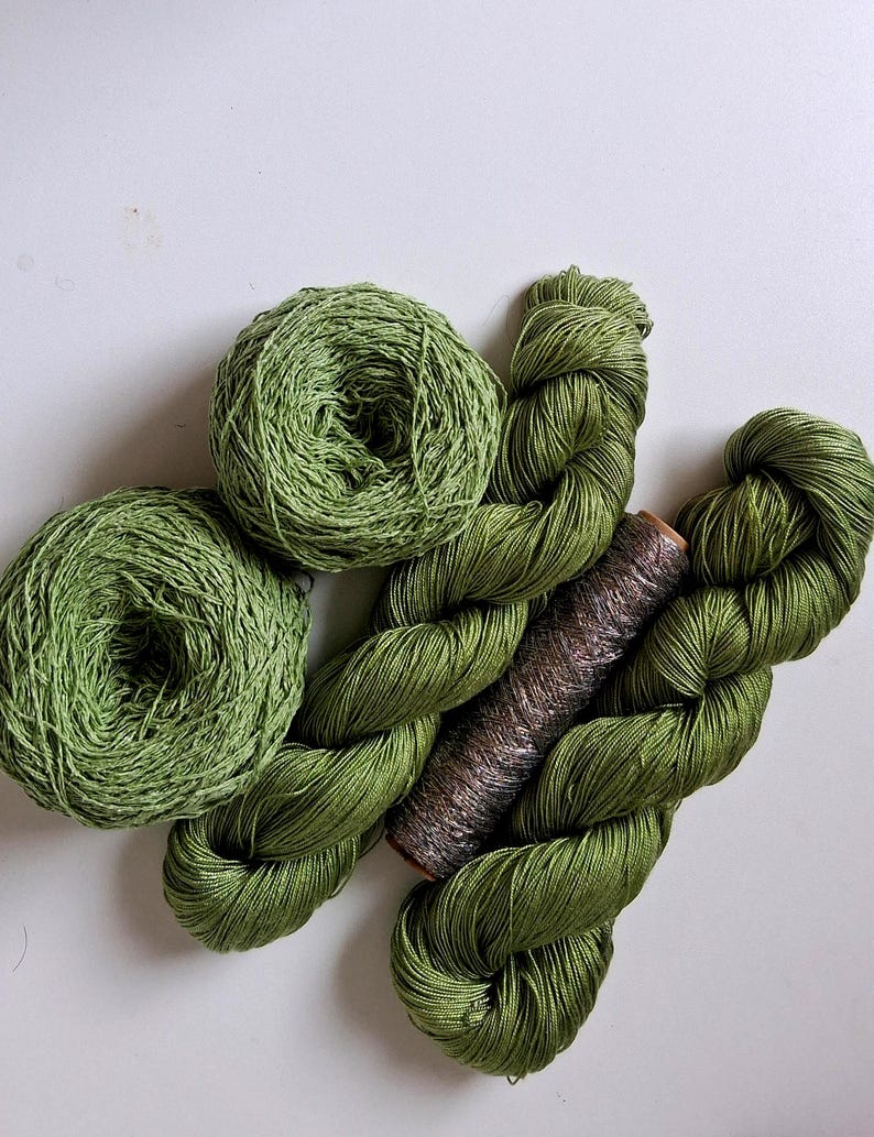 Wild Sage Knitting Kit – Hand Dyed Tencel, Wild Silk & Metallic Accent Yarn Bundle, 300g image 3
