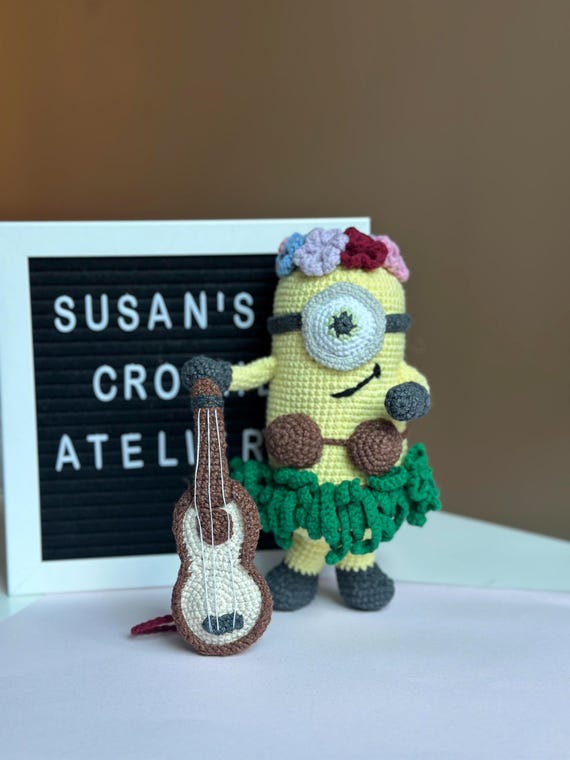 Hawaiian Minion Amigurumi with Guitar  Crochet Toy in Green Dress