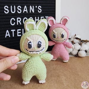 Labubu-Inspired Amigurumi – Cute Crochet Creature Pair – Pink & Green – Ready Made Finished Toys