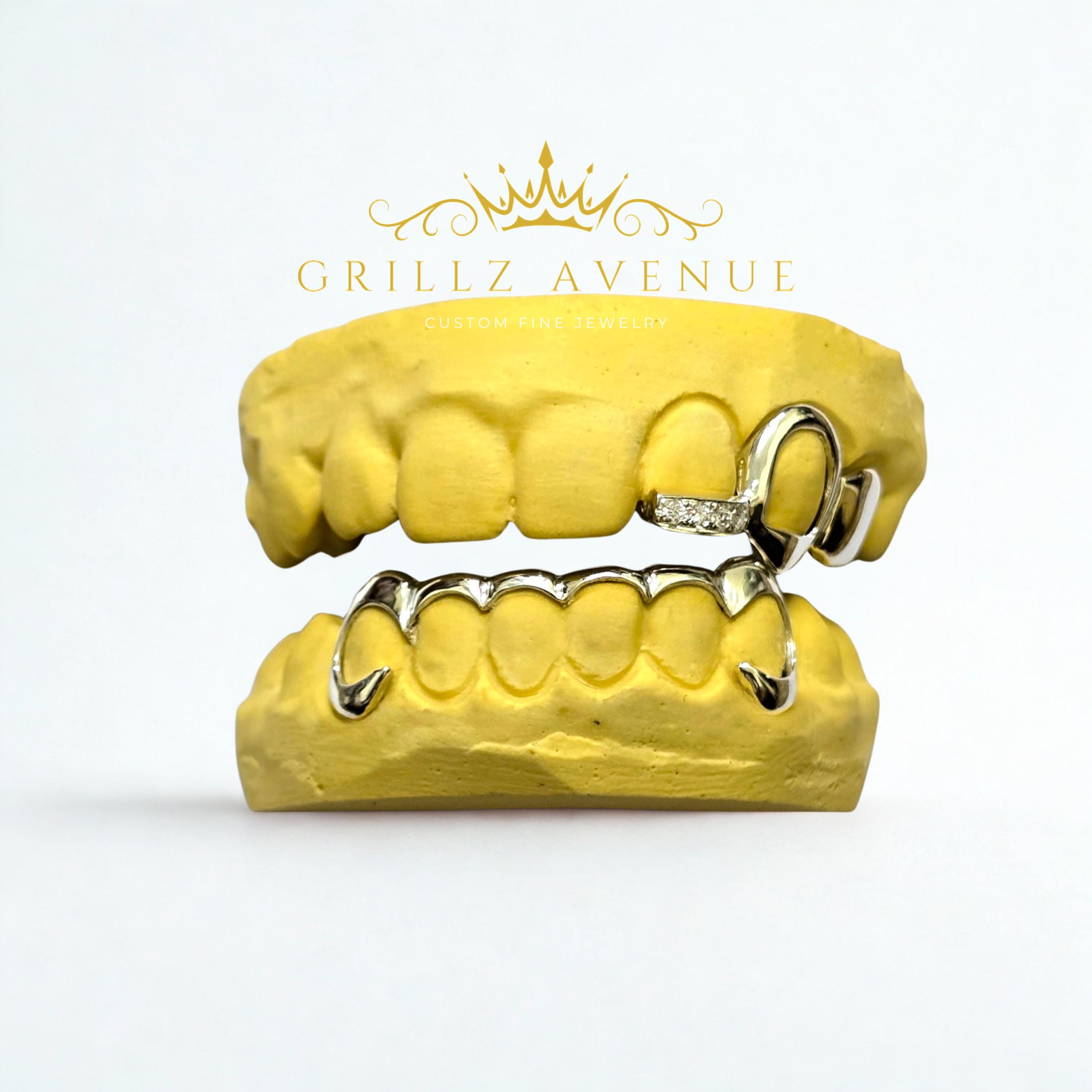 Custom FIT Grillz Set 3on6 Moissanite Bar on TOP and Curved Front Bar BOTTOM (925 Sterling Silver/Free Shipping/ Free Mold Kit)