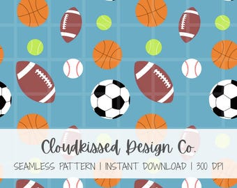 Patrón sin costuras de pelotas deportivas: Tela deportiva, papel digital (descarga instantánea PNG de 300 DPI)