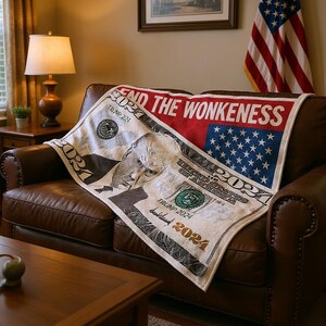 May include: A white and red blanket with a design resembling a $100 bill, featuring a portrait and the text "END THE WONKENESS" and "TRUMP 2024". The blanket is draped over a brown leather couch.