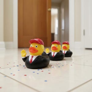May include: Three yellow rubber ducks dressed in black suits with white shirts and red ties. Each duck wears a red cap with the text MAGA printed in white. The ducks have orange beaks and are positioned in a line, with the front duck raising one wing.