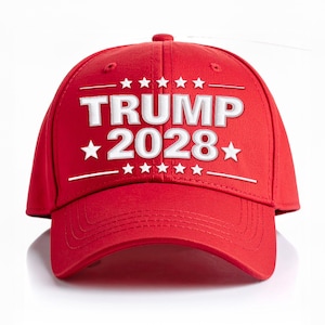 May include: A red baseball cap with the text "TRUMP 2028" in white, along with white stars and lines. The cap has a curved brim and a structured crown, suitable for outdoor wear.