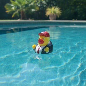 May include: A yellow rubber duck floating in a swimming pool, wearing a red cap with the text MAGA, a black suit jacket, a white shirt, and a red tie. The duck has blonde hair, a red beak, and both wings are raised in a hand gesture.