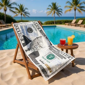 May include: A white beach towel with a design resembling a $20 bill, featuring a portrait and the text "TRUMP 2024". The towel is draped over a wooden beach chair near a pool and the ocean. Two drinks sit on a small table.