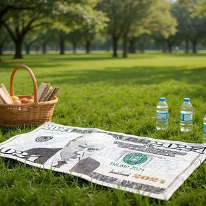 May include: A picnic scene on a grassy lawn features a blanket printed with a dollar bill design and the text "TRUMP 2024". A wicker basket with food, and three water bottles are also present.