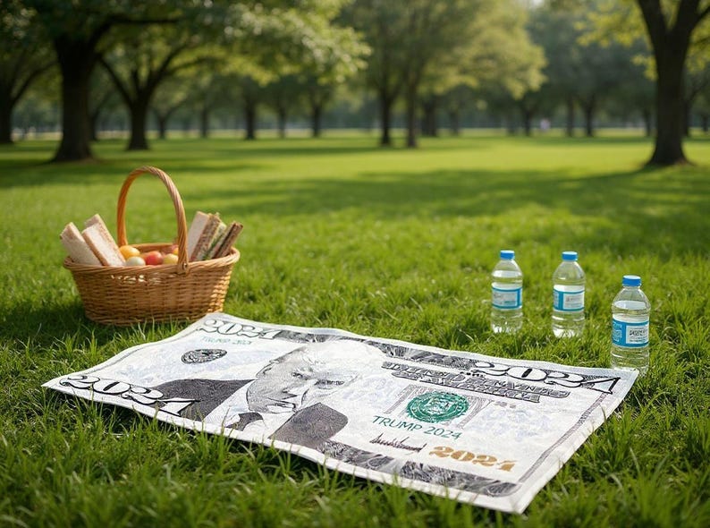 May include: A picnic scene on a grassy lawn features a blanket printed with a dollar bill design and the text "TRUMP 2024". A wicker basket with food, and three water bottles are also present.