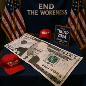 May include: A display featuring red "TRUMP" baseball caps, a framed sign reading "TRUMP 2024", and a large novelty bill with Trump's portrait. The background includes American flags and a banner that says "END THE WOKENESS".