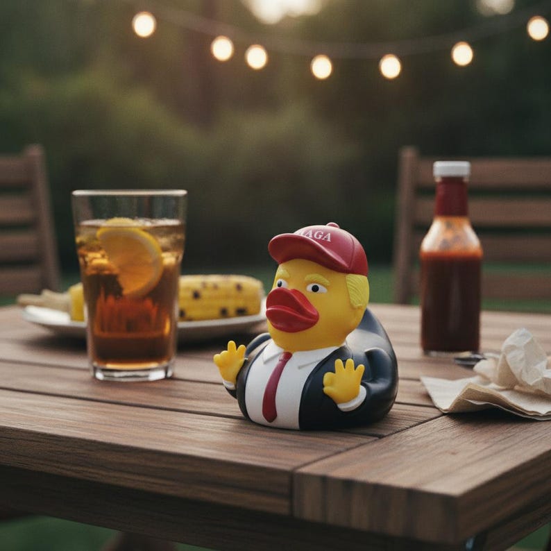 May include: A yellow rubber duck toy wearing a red cap with the text MAGA, a white shirt, a red tie, and a black suit jacket. The duck has orange-red lips and is posed with both hands raised in a gesture, sitting on a wooden table surface.