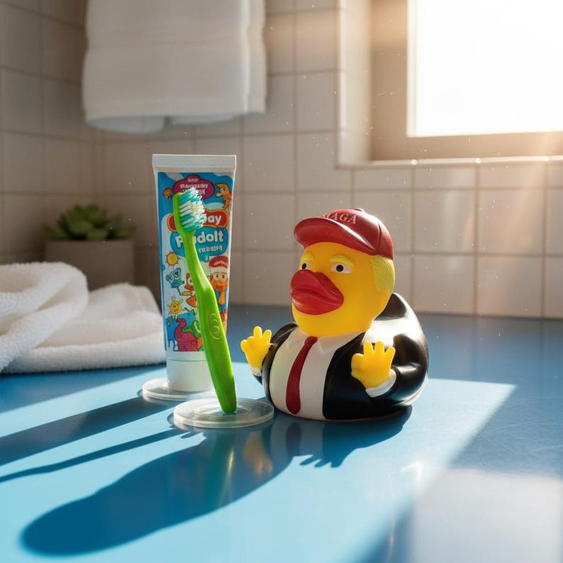 May include: A yellow rubber duck wearing a red cap and a black suit with a red tie, positioned next to a green toothbrush and a tube of toothpaste with colorful cartoon graphics. The items are placed on a smooth blue surface in a bathroom setting.