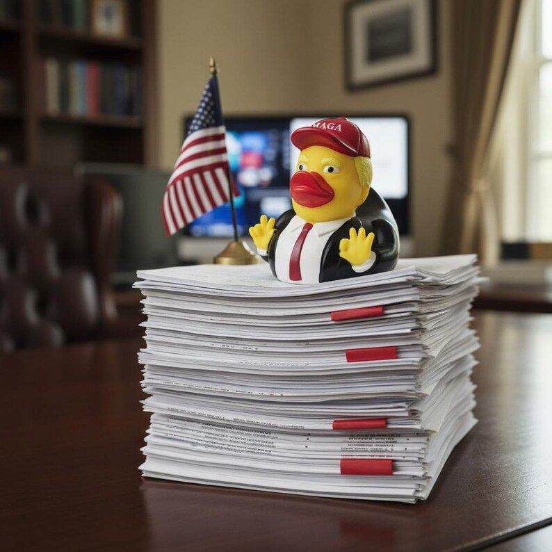 May include: A yellow rubber duck figurine dressed in a black suit, white shirt, red tie, and a red cap with the text MAGA, positioned on a tall stack of white papers with red clips, next to a small American flag on a gold-colored stand.