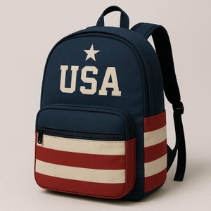 May include: A navy blue backpack with the word "USA" in white block letters and a white star. The front pocket features red and white stripes, and the bag has black shoulder straps and a top handle.