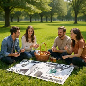 May include: A group of four people enjoying a picnic on a sunny day. They are sitting on a large blanket printed with a design resembling a US $100 bill, with the text "TRUMP 2024". A wicker basket of fruit and drinks is nearby.