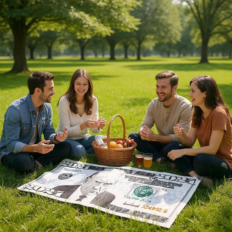 May include: A group of four people enjoying a picnic on a sunny day. They are sitting on a large blanket printed with a design resembling a US $100 bill, with the text "TRUMP 2024". A wicker basket of fruit and drinks is nearby.