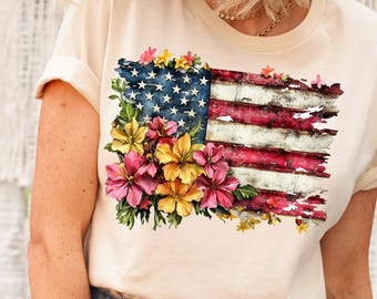 Floral American Flag PNG, 4th of July Patriotic Design (Digital Download)