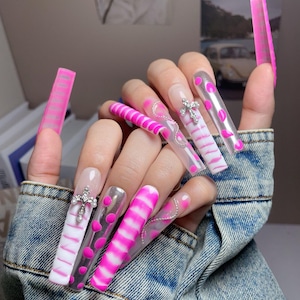 Long Square Pink Glam Press-On Nails | Trendy Barbiecore Fake Nails | Glossy Striped Nail Art