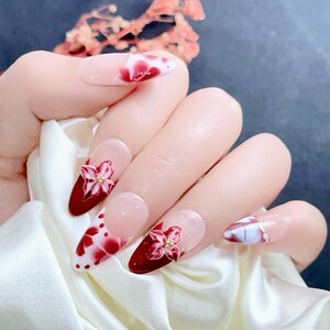 Red and White Floral Almond French Tip Press On Nails – 3D Flower Nail Art, Burgundy Ombre Nails, Handmade Reusable False Nail Set for Women