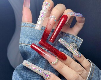 Luxury Red Glitter Rhinestone Press-On Nails – Glam Long Coffin Nails with Bold Crystal Bling