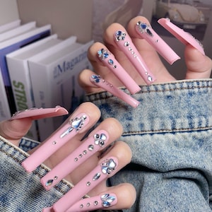 Luxury Pink Rhinestone Long Square Press On Nails – Bling Crystal False Nails, Handmade Reusable Acrylic Nail Set, Elegant Glam Nails