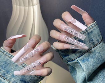 Blush Pink Floral Long Square Press On Nails – Elegant Clear False Nails, Handmade Reusable Acrylic Nail Set, Rhinestone Flower Design