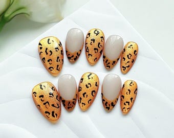 Uñas postizas almendradas pintadas a mano con estampado animal de leopardo dorado, puntas francesas, uñas reutilizables hechas a mano, juego de uñas acrílicas de lujo para mujer.