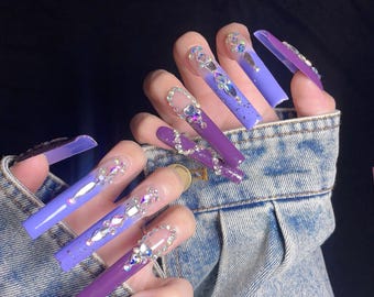 Luxury Purple Ombre Rhinestone Long Square Press On Nails – Glam Crystal False Nails, Handmade Bling Acrylic Nail Set, Sparkling Press Ons
