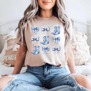 Chemise Coquette Cowgirl Chemise Couleurs Confort Nœud Toile de Jouy Tendance T-shirt Coquette Esthétique Jolie Fille Cadeau Nœud Bleu