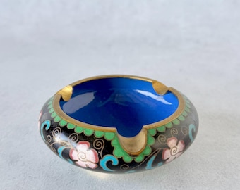 Vintage Chinese Cloisonné Brass Enamel Floral Ashtray | Mid Century Trinket Dish