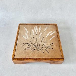Vintage Ceramic and Wood Frame Trivet with Wheat Motif | 1980s Kitchen Hot Pad