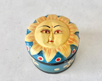 Vintage Hand Painted Wood Sun Face Trinket Box | Round Folk Art Style