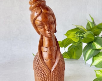 Vintage Philippine Hand-Carved Wood Bust, Mid-Century Woman Sculpture | Filipino Folk Art