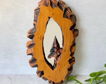 Vintage 1998 Jae's Burls Carved Wood Mirror, Live Edge Oval Wall Art