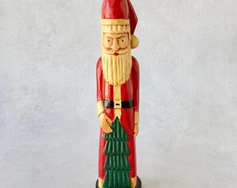 Vintage Wood Carved Pencil Santa Figurine, Hand Painted Folk Art | Christmas Mantel Decor