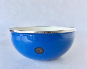 Vintage Cobalt Blue Enamelware Bowl, White Interior Silver Rim | Farmhouse Kitchen Decor
