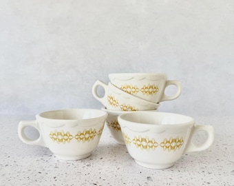 Vintage Buffalo China Cups Set of 5, Gold Atomic Pattern | MCM Restaurantware