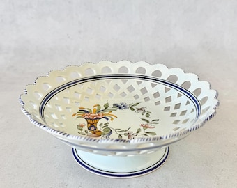 Vintage French Faience Compote, Hand-Painted Floral Rouen Style | Pierced Lattice Footed Bowl France