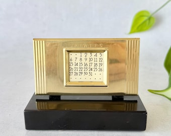 Vintage Art Deco Brass Perpetual Desk Calendar, Black Glass Base | USA Made Office Decor